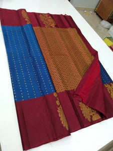 Classic Azure Blue & Dark Maroon Elegance Kanchipuram Handloom Silk Saree SS24120