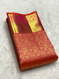 Classic Ruby Pink 2gm Zari Bridal Elegance Kanchipuram Handloom Silk Saree SS24789