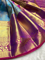 Load image into Gallery viewer, Classic Azure Blue &amp; Vadamalli Purple 2gm Zari Bridal Elegance Kanchipuram Handloom Silk Saree SS25355

