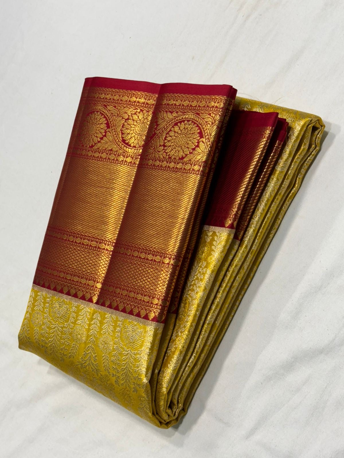 Classic Golden Yellow & Barn Red Bridal Elegance Kanchipuram Tissue Handloom Silk Saree SS24182