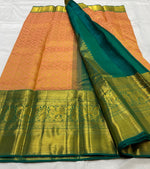 Load image into Gallery viewer, Classic Sunset Peach &amp; Teal Green 2gm Zari Brocade Bridal Elegance Kanchipuram Handloom Silk Saree SS23636
