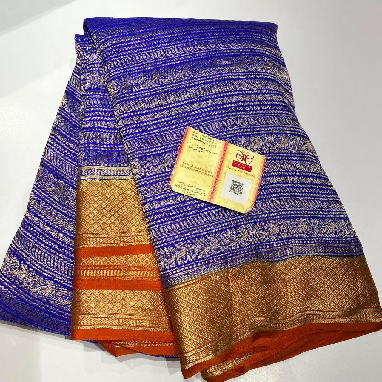 Classic Royal Blue & Orange Handwork Elegance Khaddi Banarasi Crepe Silk Saree SS25412