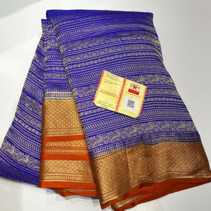 Classic Royal Blue & Orange Handwork Elegance Khaddi Banarasi Crepe Silk Saree SS25412