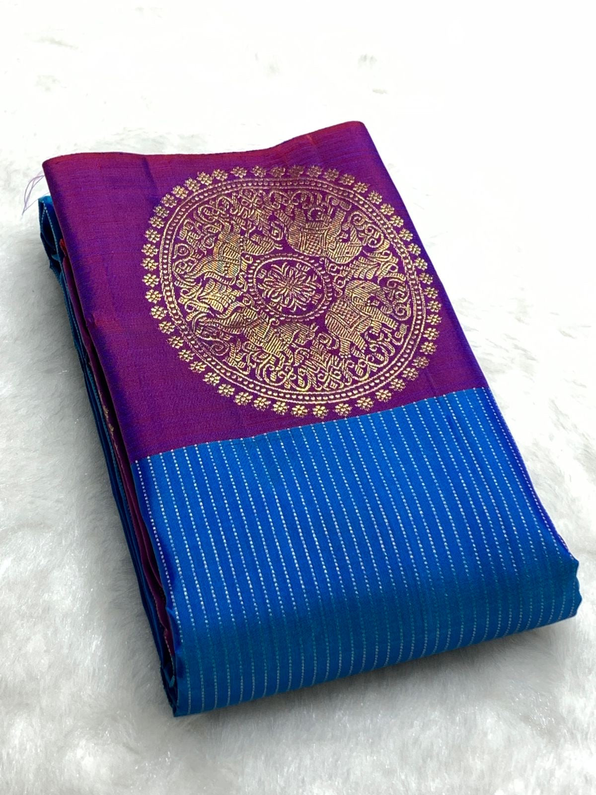 Classic Azure Blue & Purple 2gm Zari Kanchipuram Handloom Silk Saree SS25816