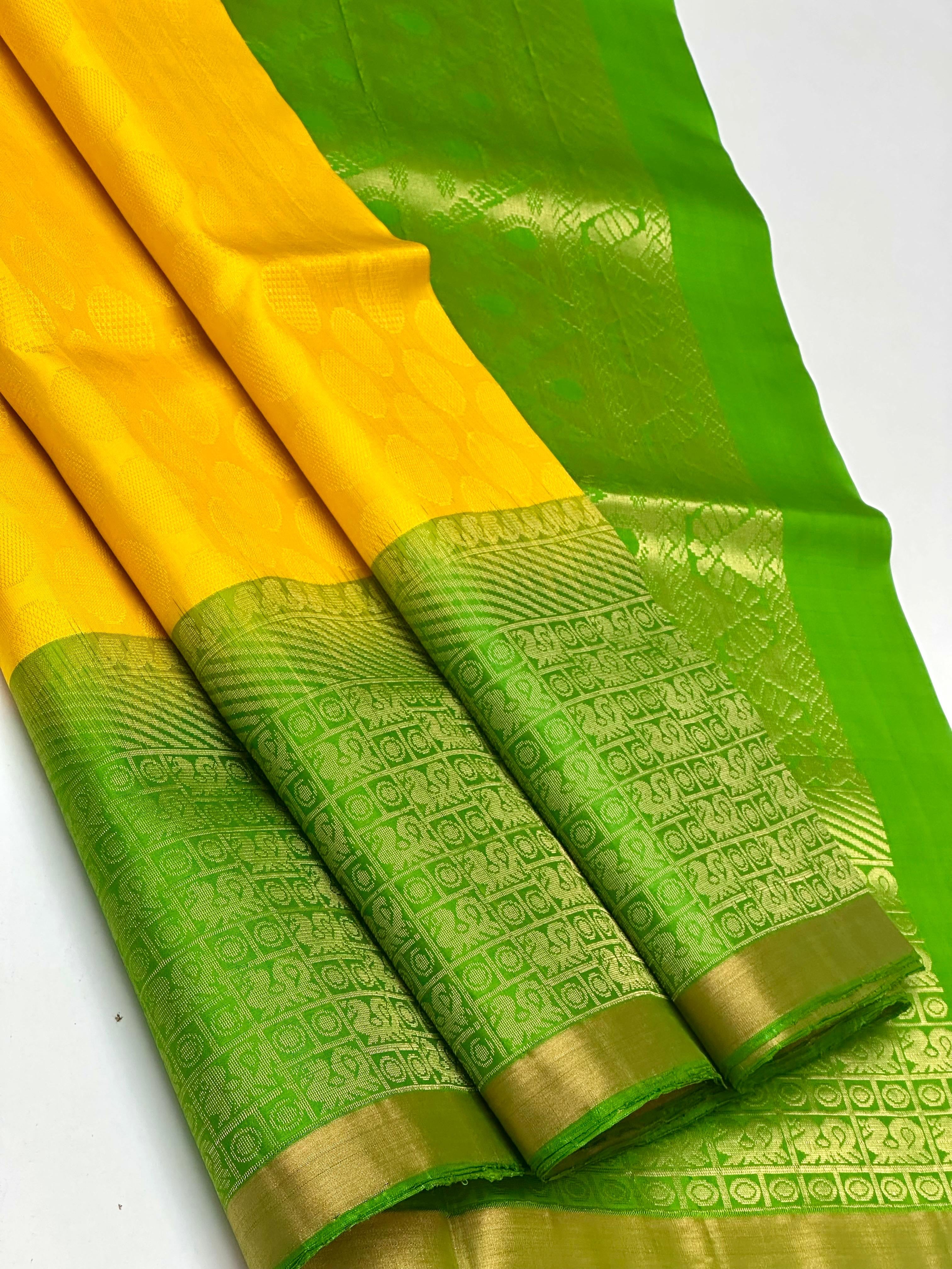 Classic Golden Yellow & Olive Green Double Warp Elegance Handloom Soft Silk Saree SS26648