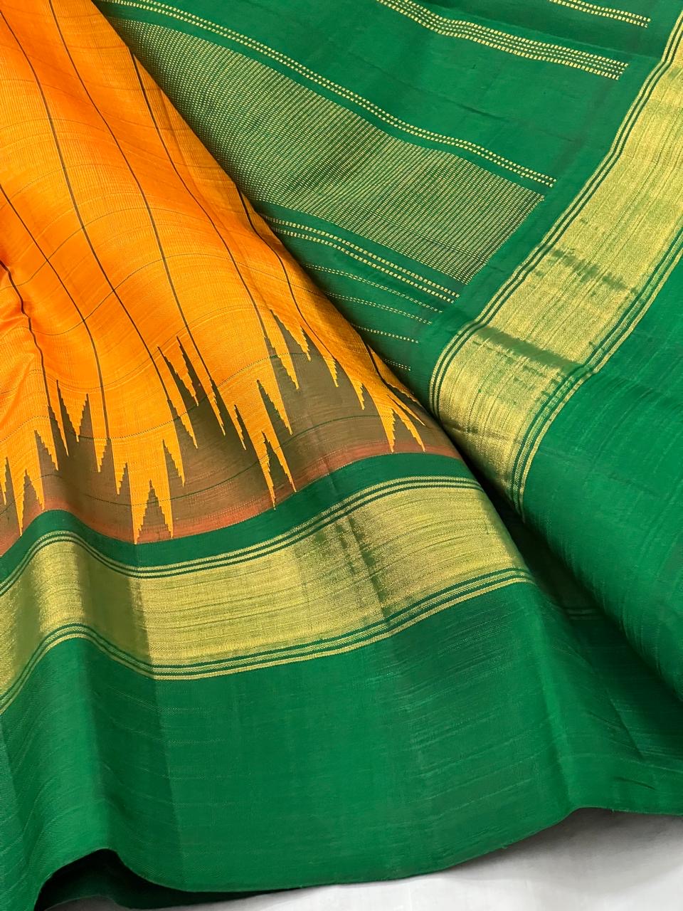 Classic Mango Yellow & Green 2gm Zari Elegance Kanchipuram Handloom Silk Saree SS25310