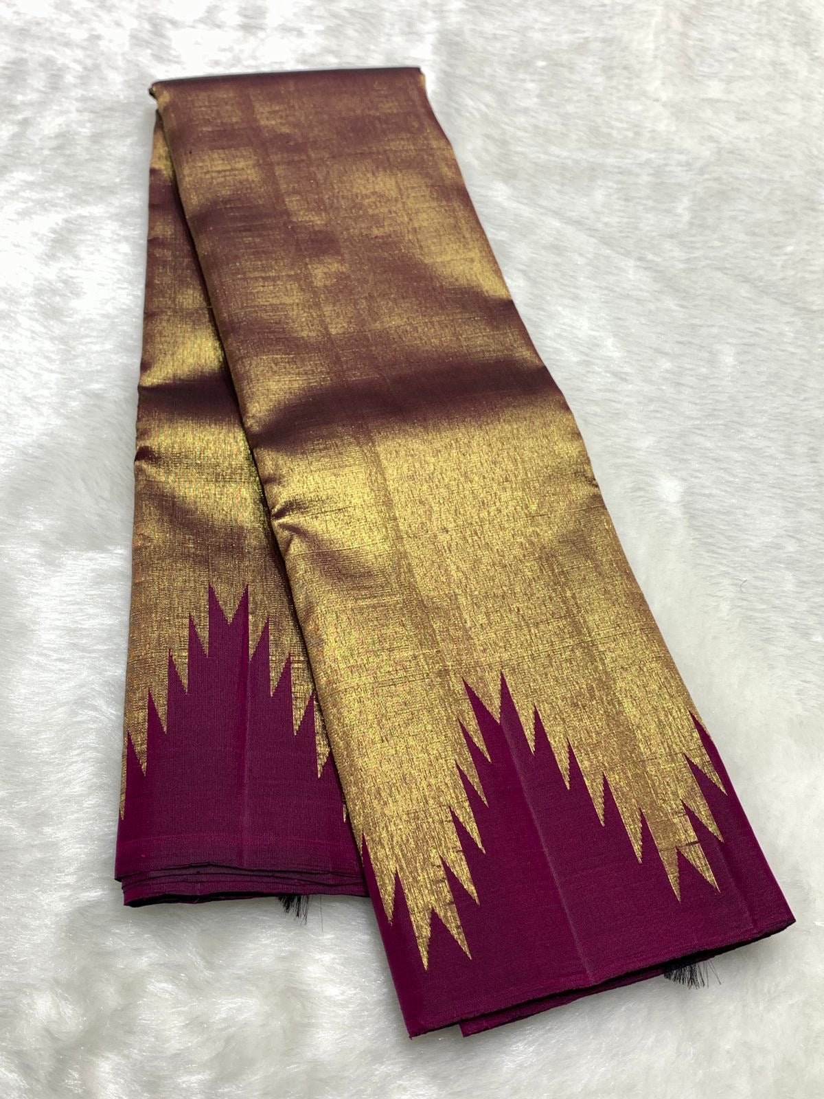 Classic Gold & Wine Red Temple 2gm Zari Kanchipuram Handloom Silk Saree SS25980