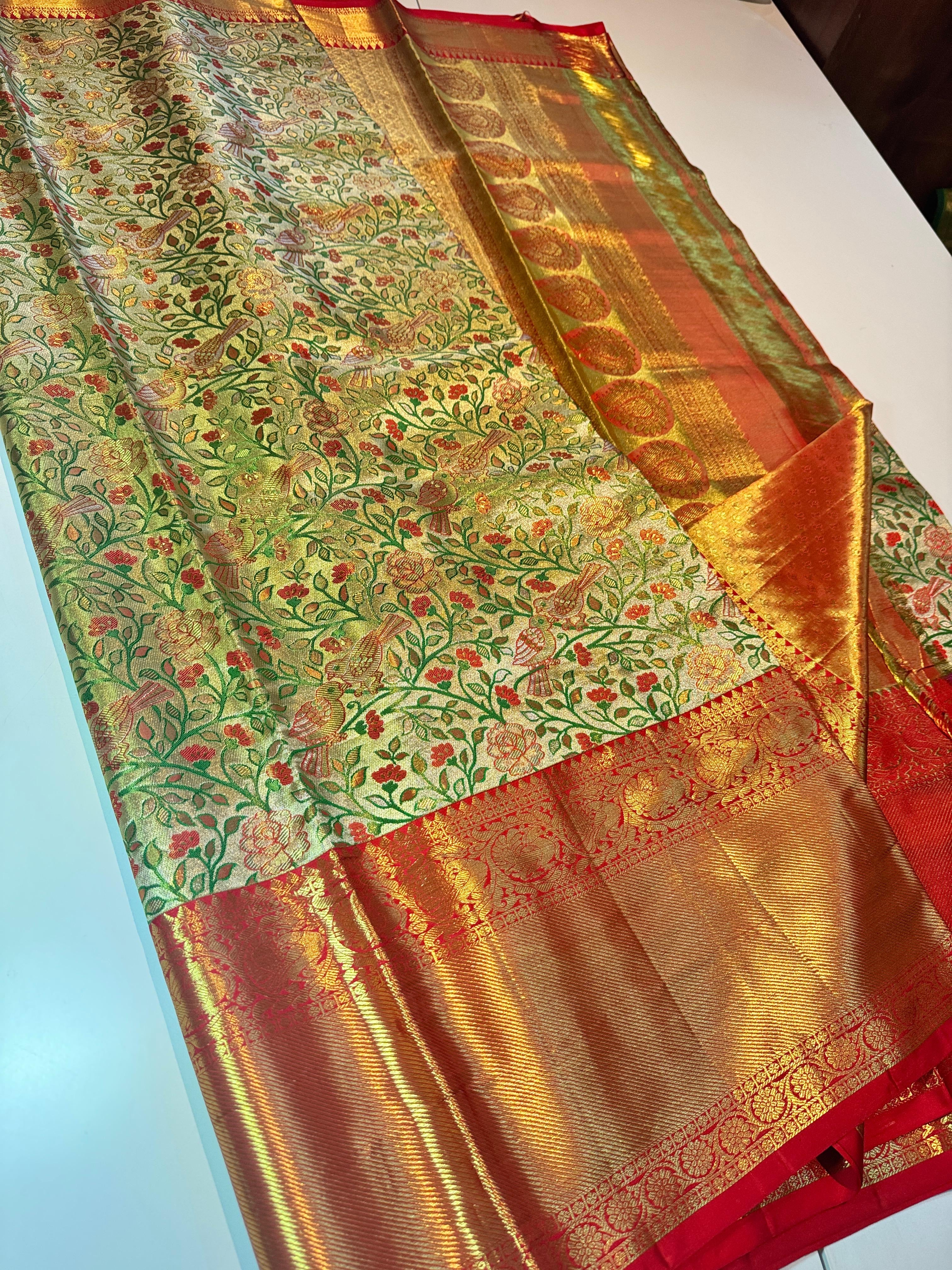 Classic Cream & Chilli Red Elegance Kanchipuram Tissue Handloom Silk Saree SS24509