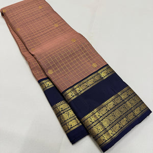 Classic Dusky Rose & Navy Blue 2gm Zari Belthari Checks Kanchipuram Handloom Silk Saree SS25730