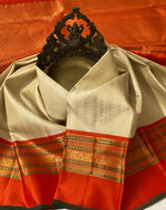Load image into Gallery viewer, Classic Beige Cream &amp; Orange 2gm Zari Elegance Kanchipuram Handloom Silk Saree SS20576
