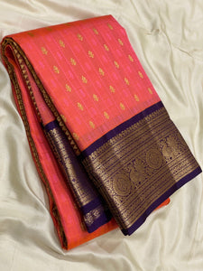 Classic Peachy Orange & Violet 1gm Zari Kanchipuram Handloom Silk Saree SS25814