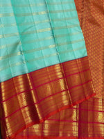 Load image into Gallery viewer, Classic Aqua &amp; Orange 2gm Zari Vaira Oosi Beldari Vintage Elegance Kanchipuram Handloom Silk Saree SS26990
