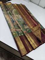 Load image into Gallery viewer, Classic Olive Green &amp; Plum 2gm Zari Digital Print Bridal Elegance Kanchipuram Handloom Silk Saree SS25299
