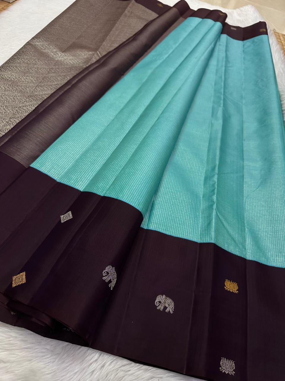 Classic Tropical Blue & Coffee Brown Elegance Kanchipuram Silk Saree SS23828