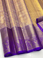 Load image into Gallery viewer, Classic Golden Beige &amp; Lavender 1gm Zari Kanchipuram Handloom Silk Saree SS25699
