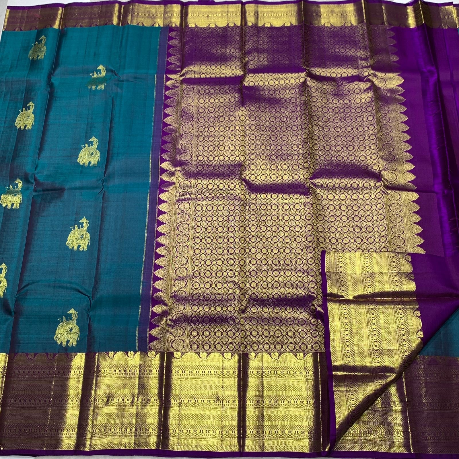 Classic Teal Blue Green & Purple Berry 2gm Zari Bridal Elegance Kanchipuram Handloom Silk Saree SS23561