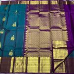 Load image into Gallery viewer, Classic Teal Blue Green &amp; Purple Berry 2gm Zari Bridal Elegance Kanchipuram Handloom Silk Saree SS23561
