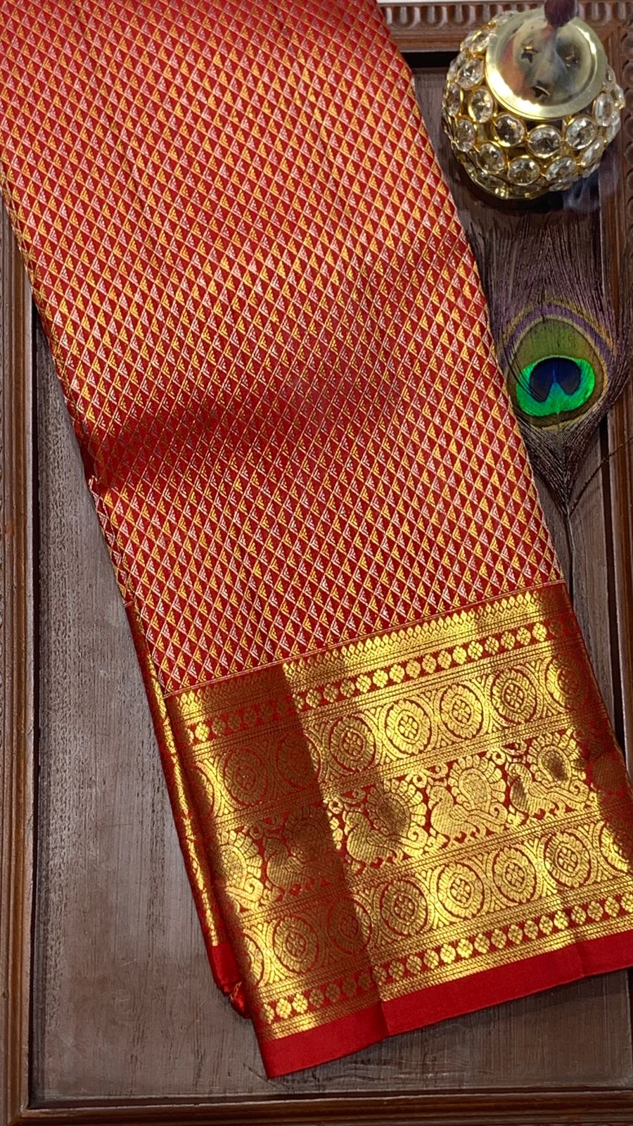 Classic Dark Orange Red 2gm Zari Bridal Elegance Kanchipuram Handloom Silk Saree SS26494