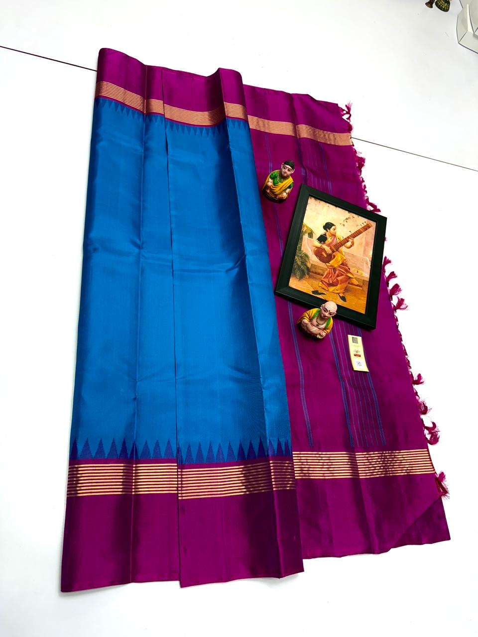 Classic Azure Blue & Creamy Purple Korvai Elegance Kanchipuram Handloom Silk Saree SS24066