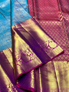 Classic Azure Blue & Vadamalli Purple 2gm Zari Bridal Elegance Kanchipuram Handloom Silk Saree SS25355