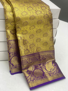 Shimmer Gold & Violet 1gm Zari Elegance Kanchipuram Handloom Silk Saree SS24239