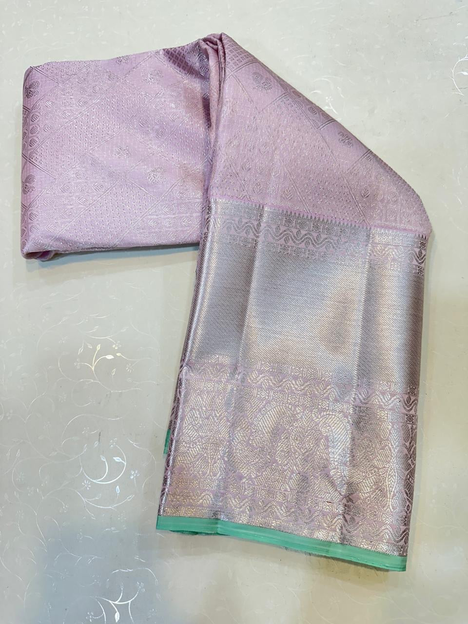 Classic Pastel Pink Tint & Sea Green Silver Zari Bridal Elegance Kanchipuram Handloom Silk Saree SS23576