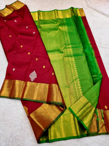 Classic Chilly Red & Green 1gm Zari Elegance Kanchipuram Handloom Silk Saree SS24726