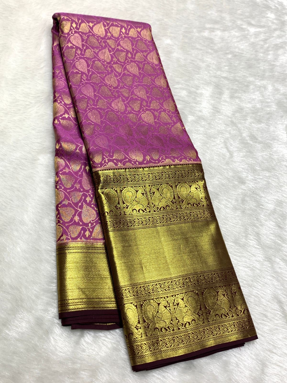 Classic Creamy Pink & Mahogany Red 2gm Zari Kanchipuram Handloom Silk Saree SS26003