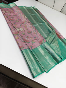 Classic Dusky Pink & Sea Green 2gm Zari Brocade Bridal Elegance Kanchipuram Handloom Silk Saree SS24731