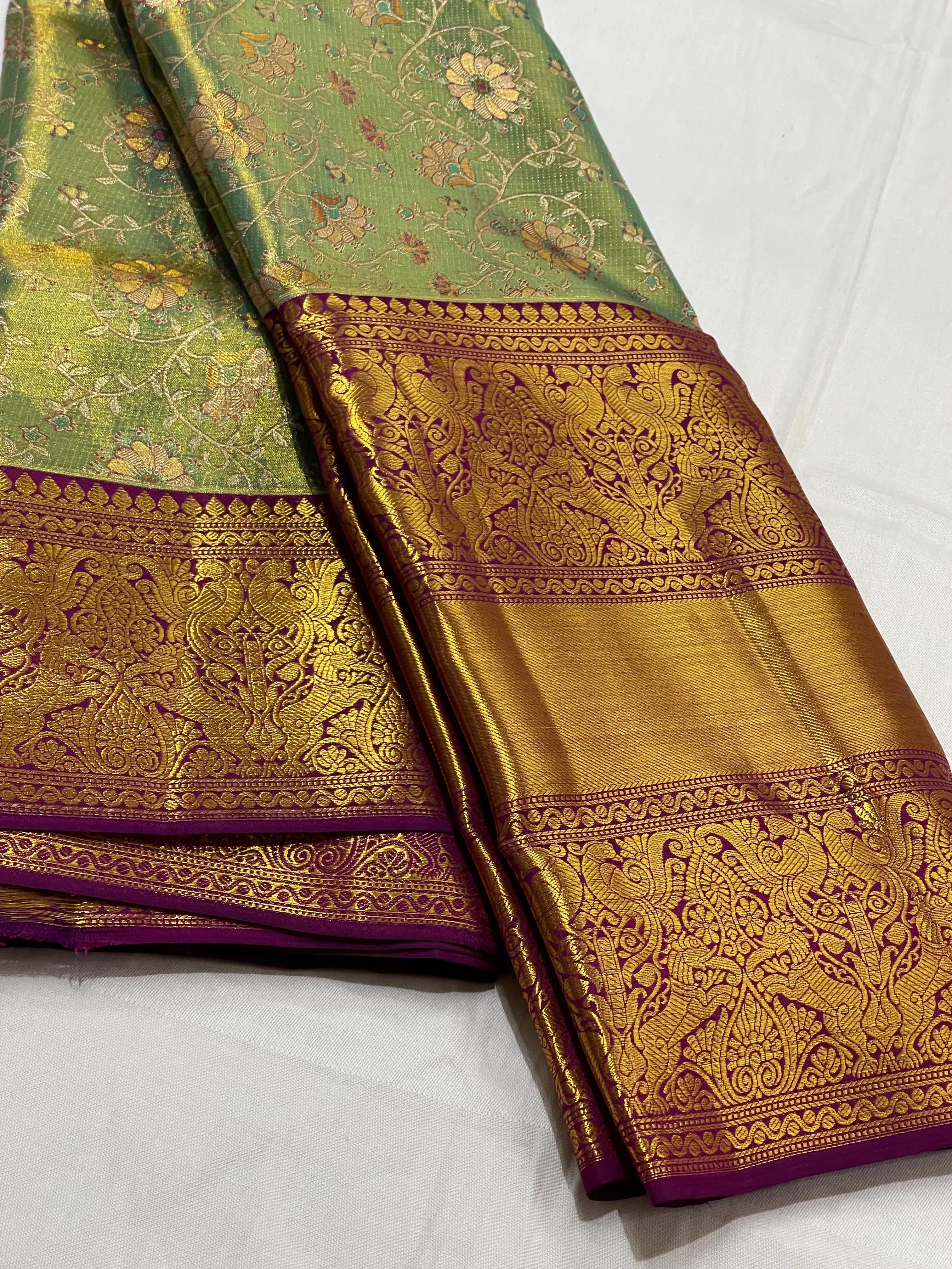 Shimmer Gold Green & Wine Red 2gm Zari Brocade Bridal Elegance Kanchipuram Handloom Silk Saree SS23637