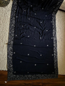 Classic Charcoal Black Elegance Chinnon Crepe Chiffon Silk Saree SS25399