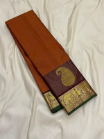 Load image into Gallery viewer, Classic Burnt Orange &amp; Coffee Brown 1gm Zari Vintage Checks Elegance Kanchipuram Handloom Silk Saree SS26984
