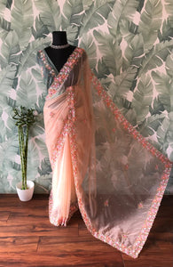 Classic Peach Elegance Tissue Organza Silk Saree SS24817