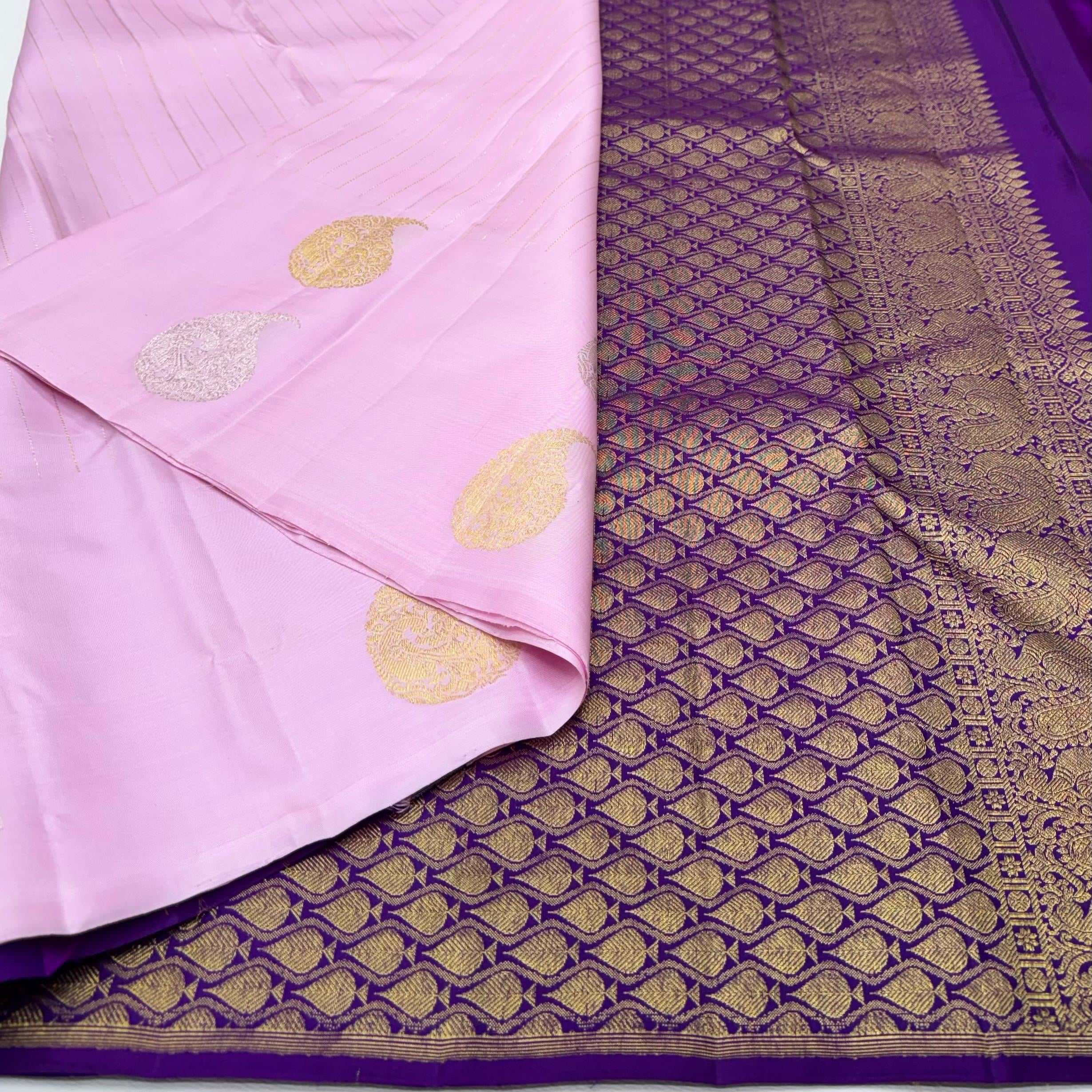 Classic Lilac & Purple 1gm Zari Elegance Kanchipuram Handloom Silk Saree SS24769