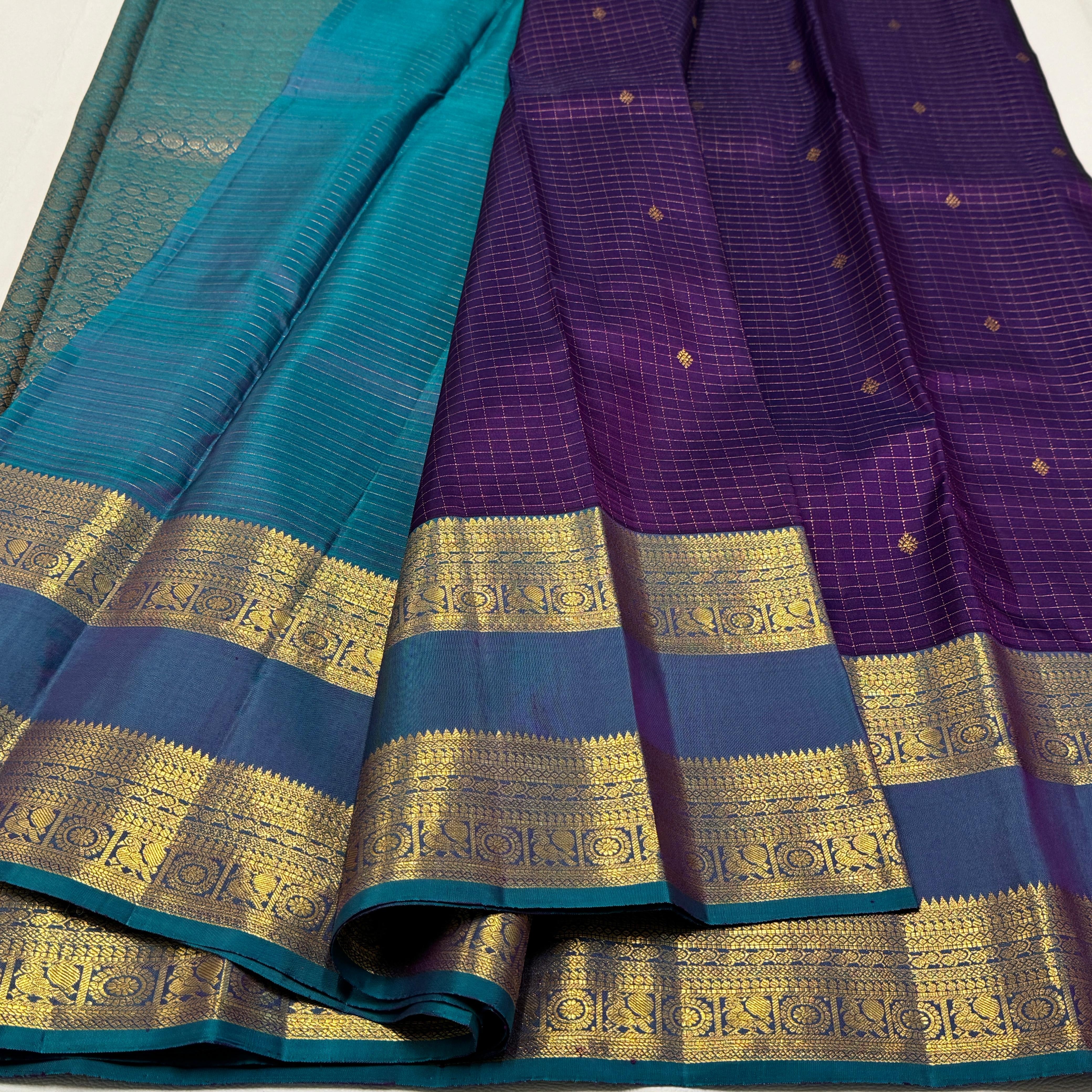 Classic Berry Violet & Teal Blue Vaira Oosi 1gm Zari Elegance Kanchipuram Handloom Silk Saree SS23584