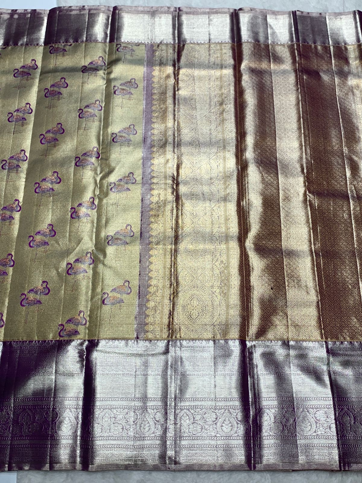 Classic Oatmeal Beige & Berry Purple 2gm Zari Bridal Elegance Kanchipuram Handloom Silk Saree SS25269