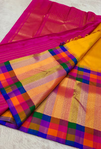 Classic Golden Yellow & Deep Pink 2gm Zari Kanchipuram Handloom Silk Saree SS26367