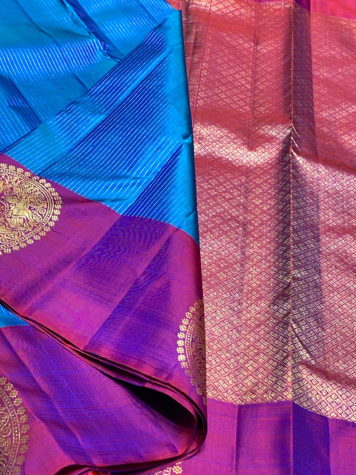 Classic Azure Blue & Purple 2gm Zari Kanchipuram Handloom Silk Saree SS25816