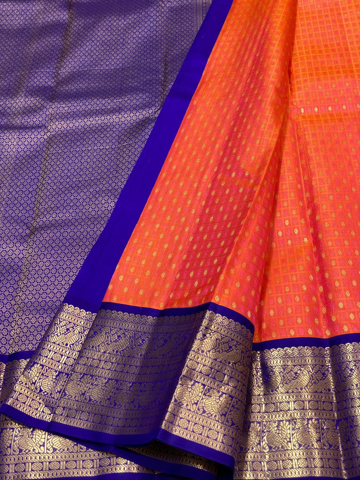 Classic Orange Rose & Robin Blue Elegance Kanchipuram Silk Saree SS24216