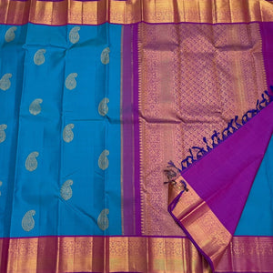 Classic Azure Blue & Berry Purple 1gm Zari Korvai Elegance Kanchipuram Handloom Silk Saree SS24455