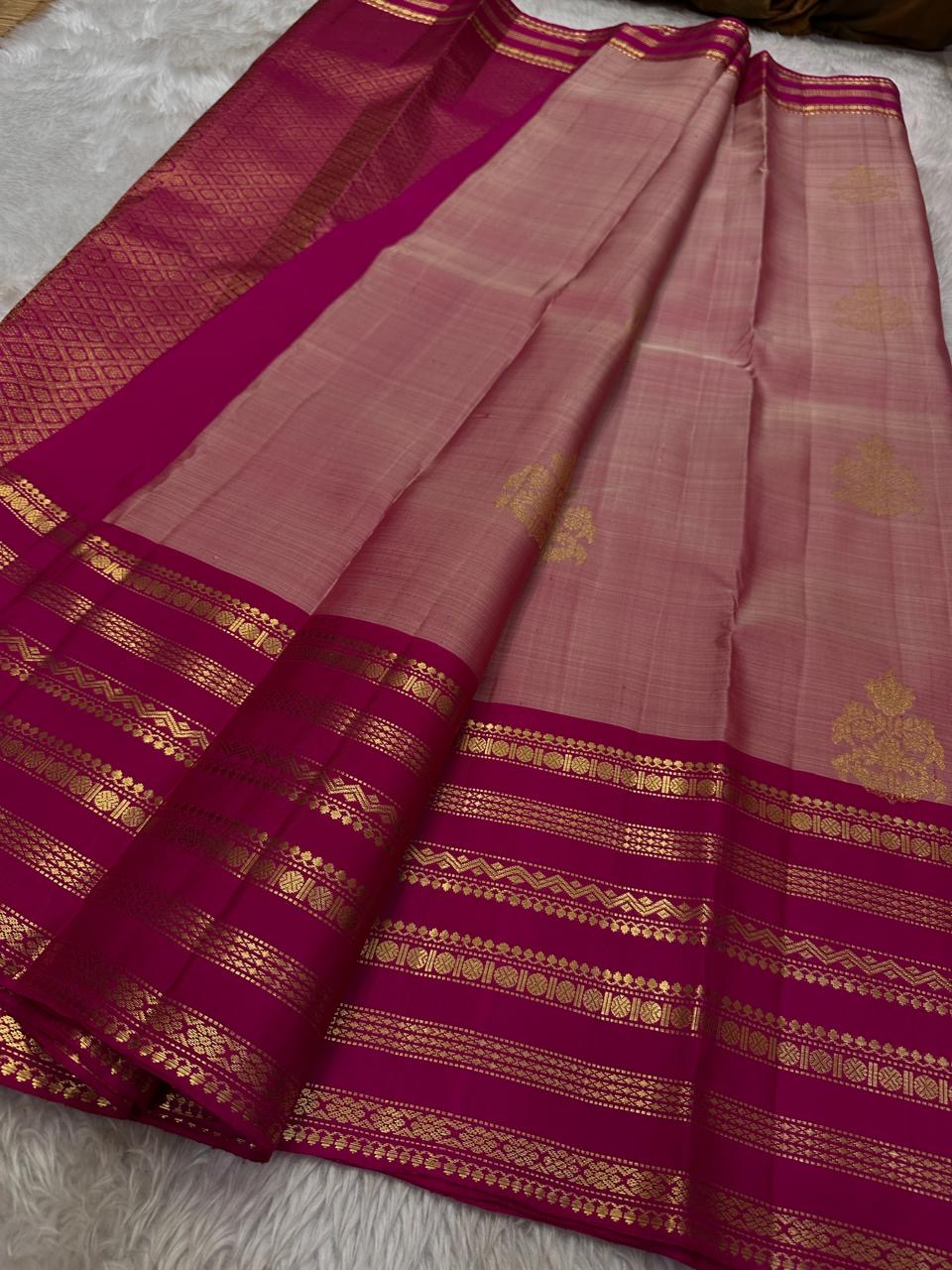 Classic Creamy Pink & Ruby Pink 2gm Zari Bridal Elegance Kanchipuram Handloom Silk Saree SS24766