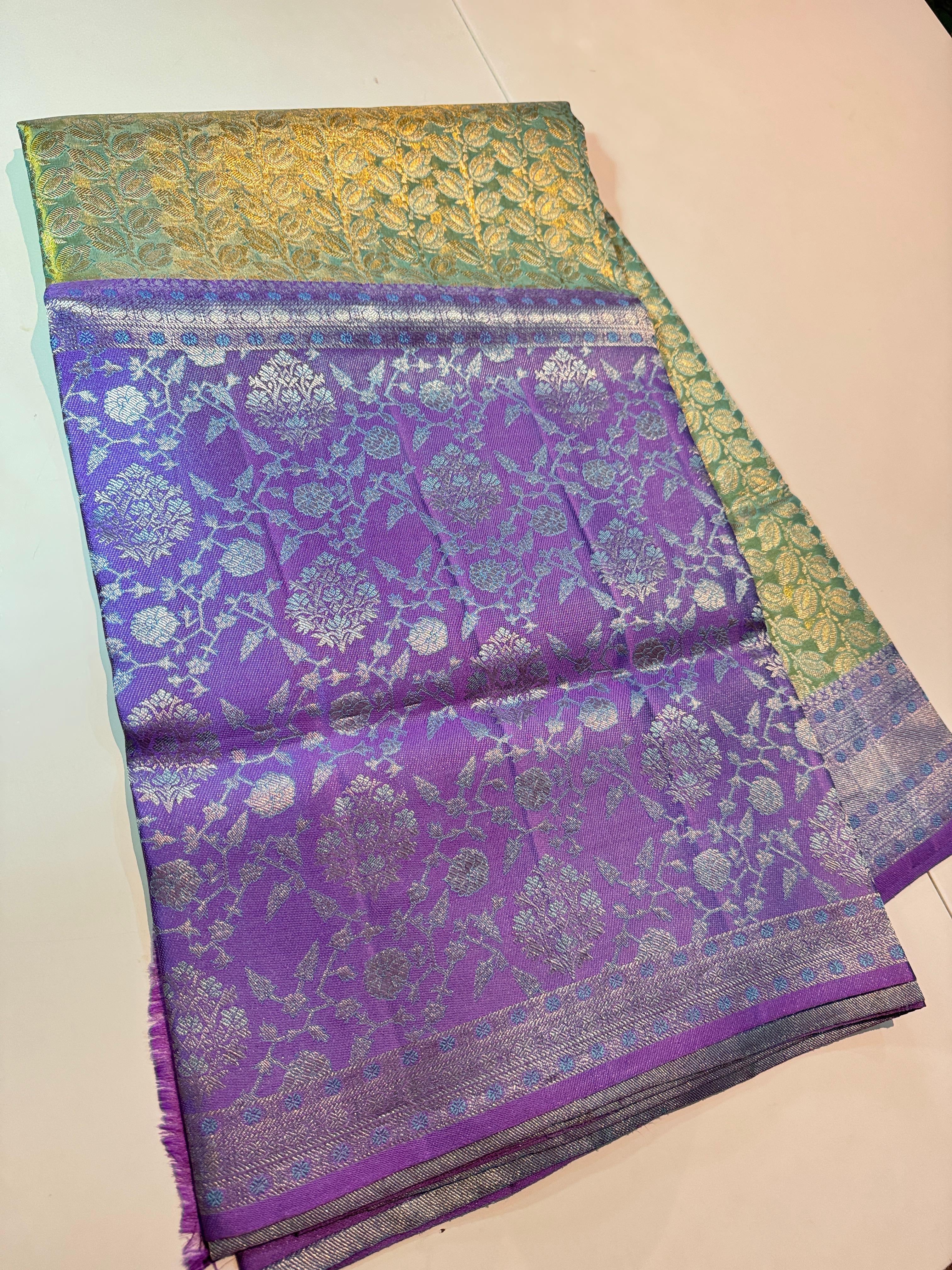 Classic Light Green & Lavender 4D Handmade Brocade Meenakari Designed Bridal Elegance Kanchipuram Handloom Silk Saree SS25406