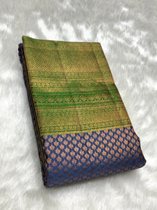 Classic Steel Blue & Green 2gm Zari Elegance Kanchipuram Handloom Silk Saree SS25436