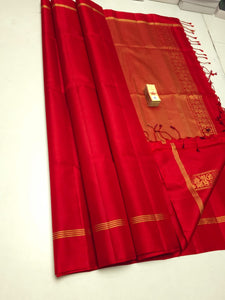 Classic Crimson Red Elegance Plain Handloom Soft Silk Saree SS25461