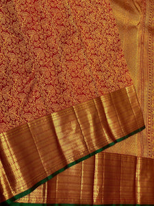 Classic Burnt Orange & Green 2gm Zari Kanchipuram Handloom Silk Saree SS25611