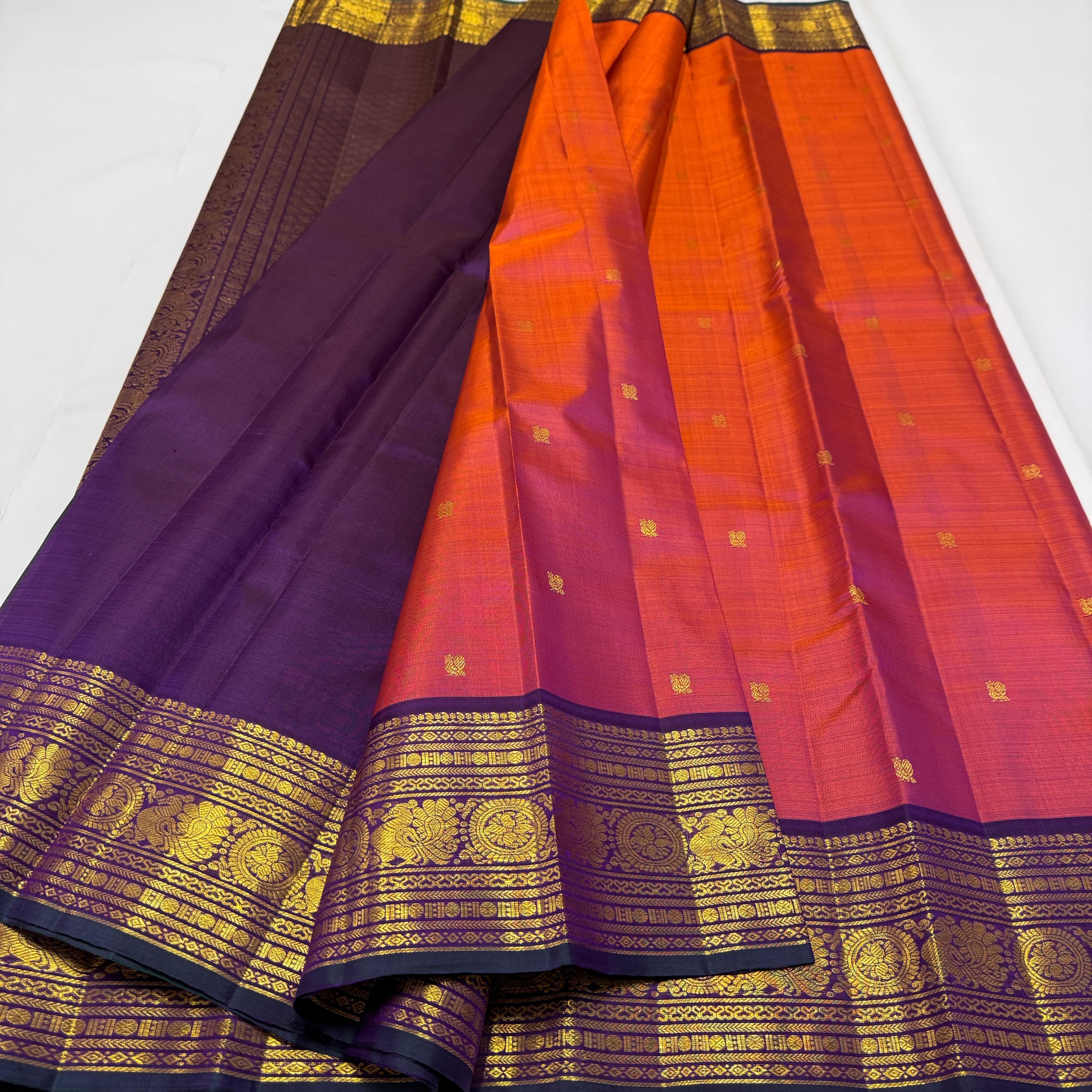 Classic Orange Rose & Plum 2gm Zari Kanchipuram Handloom Silk Saree SS25993