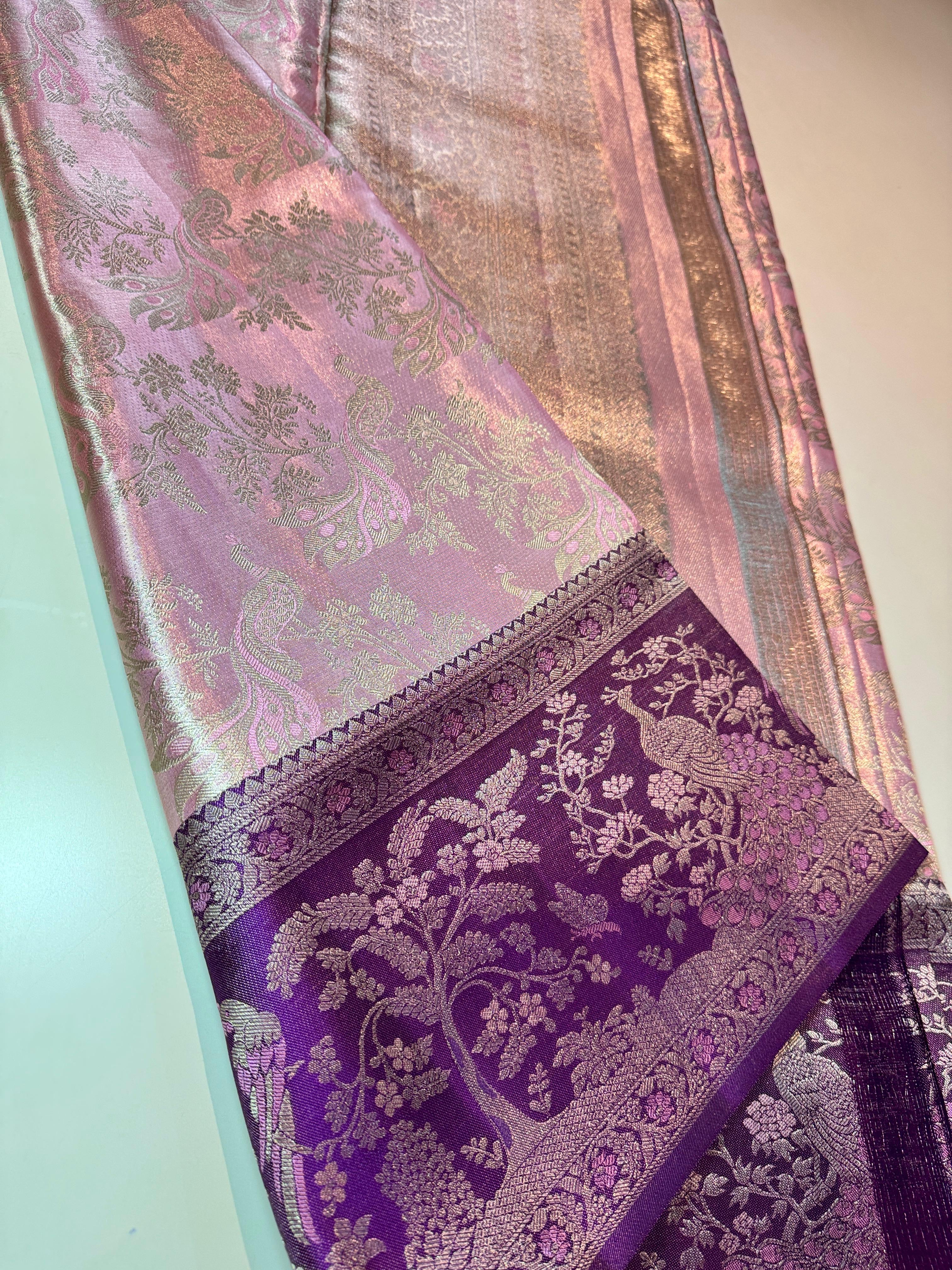 Pastel Rose & Dark Violet Meenakari Bricade Bridal Elegance Kanchipuram Handloom Silk Saree SS25332