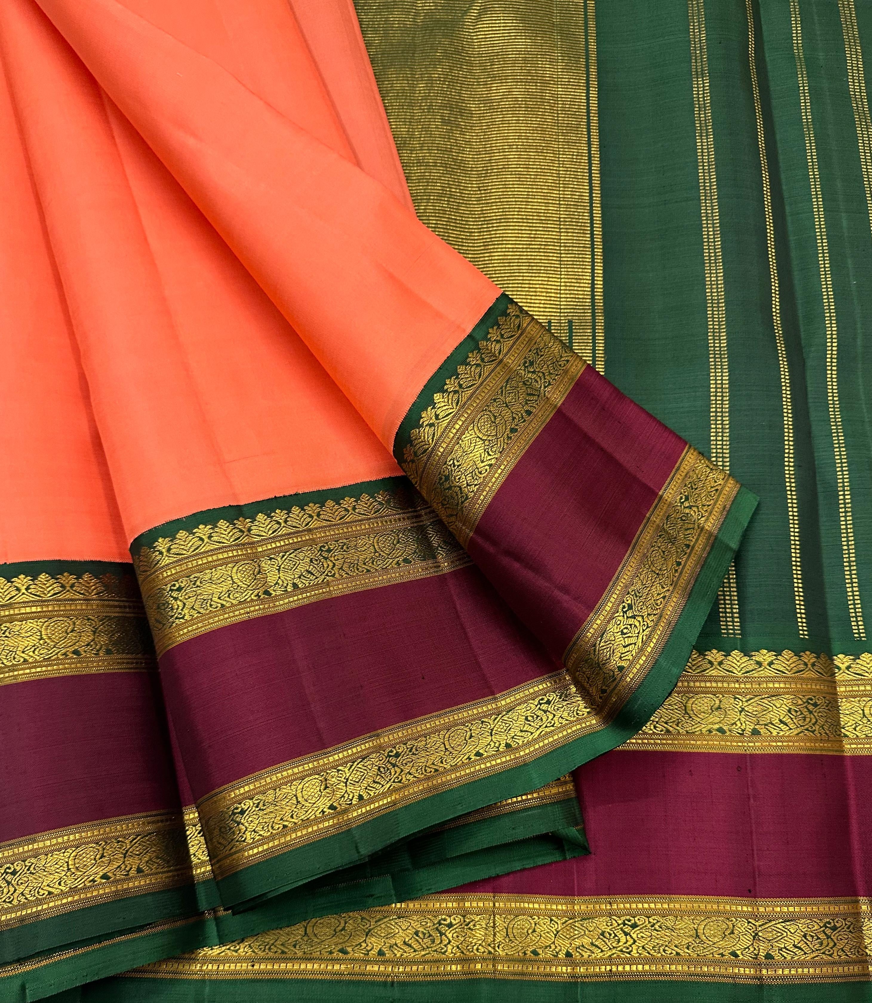 Classic Brick Peach & Sangria Red 2gm Zari Elegance Kanchipuram Handloom Silk Saree SS23553