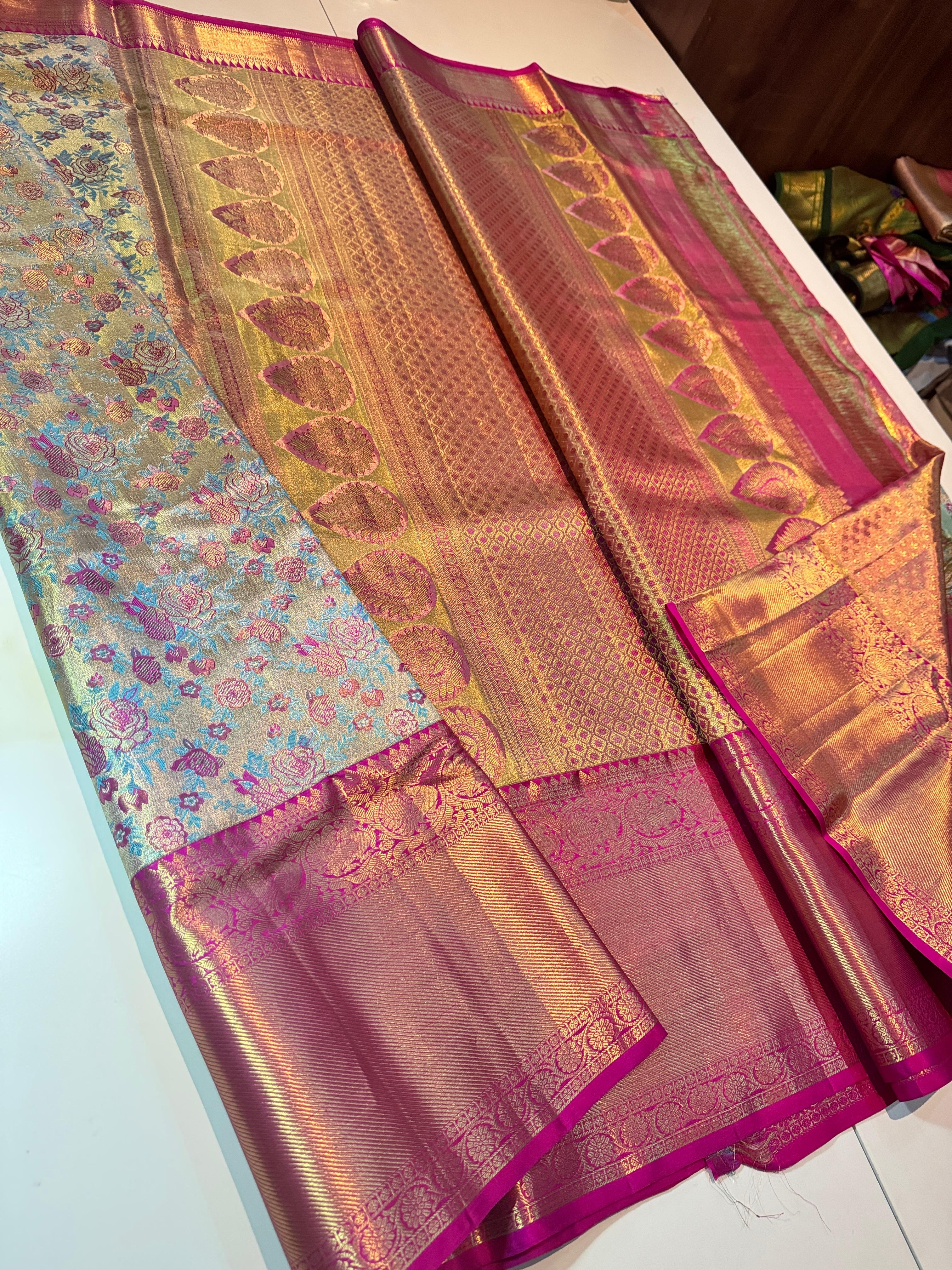 Classic Sky Blue & Pink Elegance Kanchipuram Tissue Handloom Silk Saree SS24508