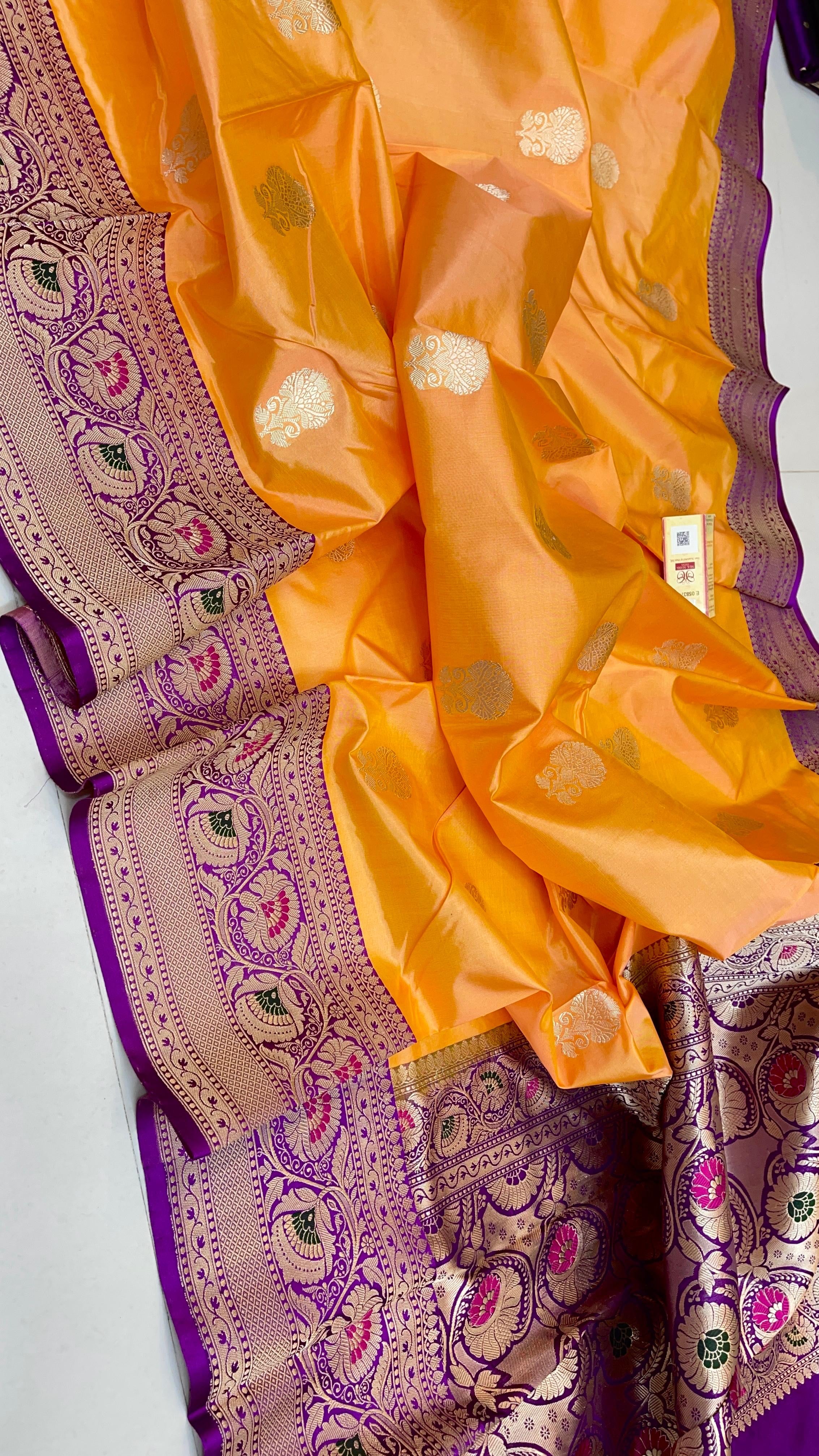 Classic Mango Yellow & Purple Elegance Banarasi Handloom Katan Silk Saree SS25422